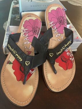 Rare Coach Poppy Black Leather Flip Flop Sandals Pink and Red Floral Insole 7